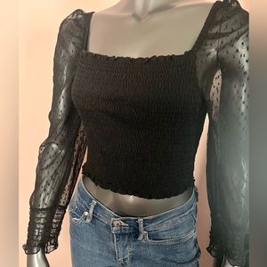 Sheer Mesh Black Polka Dot Sleeved Smocked Crop Top